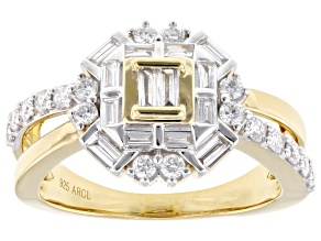 Round and Baguette White Lab-Grown Diamond F-G SI 14k Yellow Gold Over Silver Cluster Ring 0.75ctw