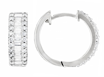 Picture of White Round and Baguette Lab-Grown Diamond F-G SI Rhodium Over Silver Huggie Earrings 0.75ctw