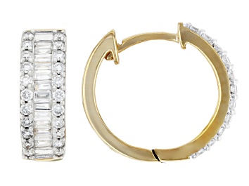 White Round and Baguette Lab-Grown Diamond F-G SI Rhodium Over Silver Huggie Earrings 0.75ctw