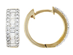 White Round and Baguette Lab-Grown Diamond F-G SI 14k Yellow Gold Over Silver Huggie Earrings .75ctw