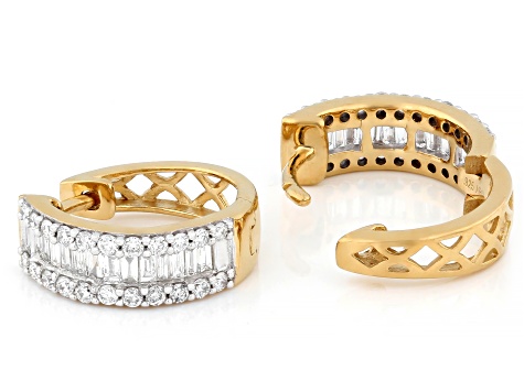 White Round and Baguette Lab-Grown Diamond F-G SI 14k Yellow Gold Over Silver Huggie Earrings .75ctw