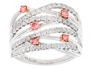 Pink and White Lab-Grown Diamond H SI1 Rhodium Over Sterling Silver Crossover Ring 1.00ctw