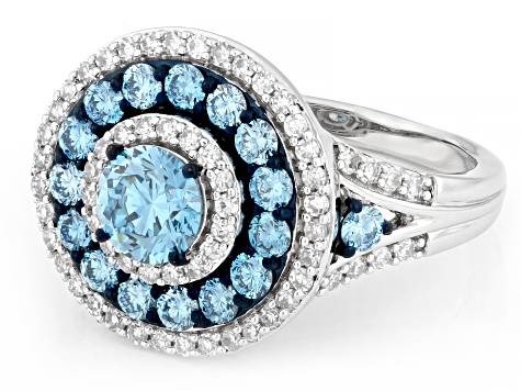 Blue and White Lab-Grown Diamond H SI1 Rhodium Over Sterling Silver Halo Ring 2.00ctw