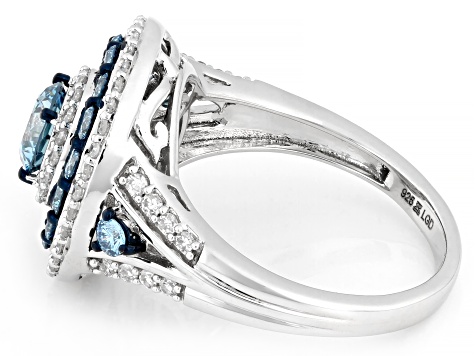 Blue and White Lab-Grown Diamond H SI1 Rhodium Over Sterling Silver Halo Ring 2.00ctw