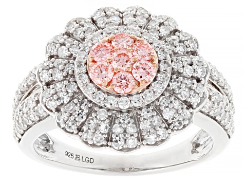 Pink and White Lab-Grown Diamond H SI1 Rhodium Over Sterling Silver Cluster Ring 1.50ctw