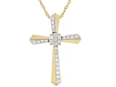 White Lab-Grown Diamond G-H SI1 14K Yellow Gold Over Silver Cross Pendant With Chain 0.65ctw