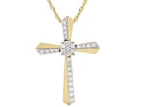 White Lab-Grown Diamond G-H SI1 14K Yellow Gold Over Silver Cross Pendant With Chain 0.65ctw