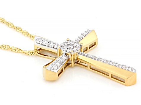 White Lab-Grown Diamond G-H SI1 14K Yellow Gold Over Silver Cross Pendant With Chain 0.65ctw