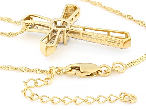 White Lab-Grown Diamond G-H SI1 14K Yellow Gold Over Silver Cross Pendant With Chain 0.65ctw