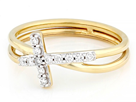 White Lab-grown Diamond F-G SI 10k Yellow Gold Cross Crossover Ring 0.15ctw