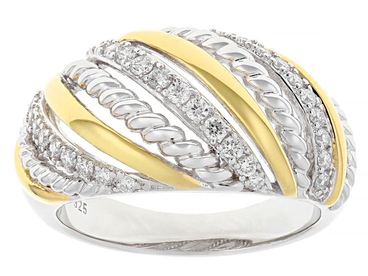 White Lab-grown Diamond G-H SI 18K Gold and Rhodium Over Silver Rope Design Dome Ring 0.35ctw