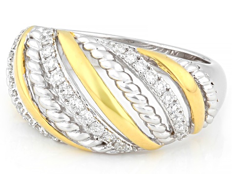 White Lab-grown Diamond G-H SI 18K Gold and Rhodium Over Silver Rope Design Dome Ring 0.35ctw