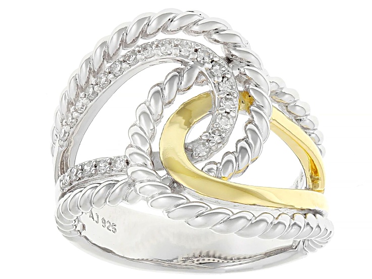 White Lab-grown Diamond G-H SI 18K Gold and Rhodium Over Silver Rope Design Bypass Ring 0.20ctw