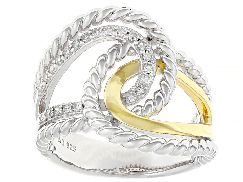 White Lab-grown Diamond G-H SI 18K Gold and Rhodium Over Silver Rope Design Bypass Ring 0.20ctw