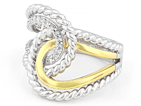 White Lab-grown Diamond G-H SI 18K Gold and Rhodium Over Silver Rope Design Bypass Ring 0.20ctw