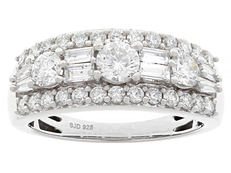 Round and Baguette White Lab-Grown Diamond G-H SI Rhodium Over Sterling Silver Ring 1.45ctw
