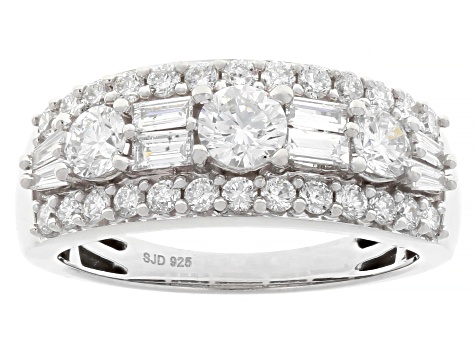 Round and Baguette White Lab-Grown Diamond G-H SI Rhodium Over Sterling Silver Ring 1.45ctw