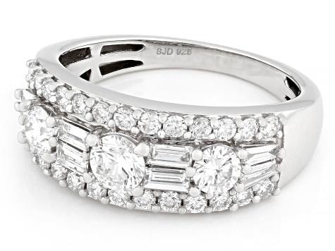 Round and Baguette White Lab-Grown Diamond G-H SI Rhodium Over Sterling Silver Ring 1.45ctw