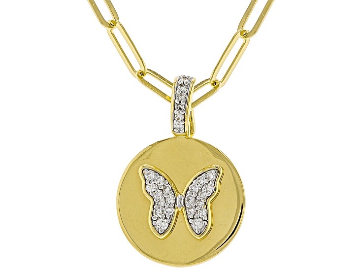 White Lab-Grown Diamond GH SI 18K Yellow Gold Over Silver Butterfly Enhancer Pendant W/Chain 0.20ctw
