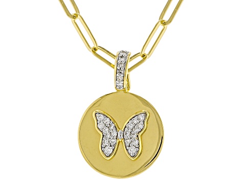 White Lab-Grown Diamond GH SI 18K Yellow Gold Over Silver Butterfly Enhancer Pendant W/Chain 0.20ctw