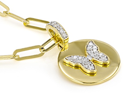 White Lab-Grown Diamond GH SI 18K Yellow Gold Over Silver Butterfly Enhancer Pendant W/Chain 0.20ctw