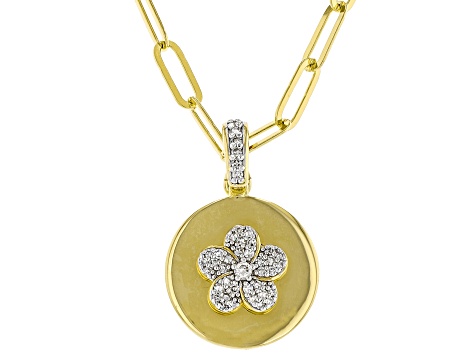 White Lab-Grown Diamond GH SI 18K Yellow Gold Over Silver Flower Enhancer Pendant W/Chain 0.20ctw