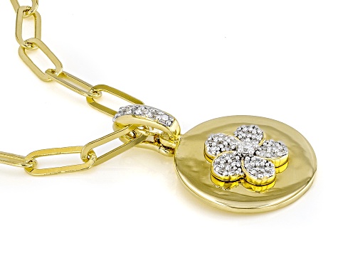 White Lab-Grown Diamond GH SI 18K Yellow Gold Over Silver Flower Enhancer Pendant W/Chain 0.20ctw