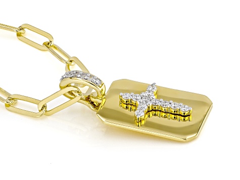 White Lab-Grown Diamond GH SI 18K Yellow Gold Over Silver Cross Enhancer Pendant W/Chain 0.20ctw
