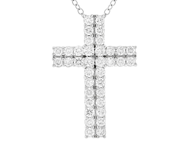 White Lab-grown Diamond H SI Rhodium Over Sterling Silver Cross Pendant With Chain 1.00ctw