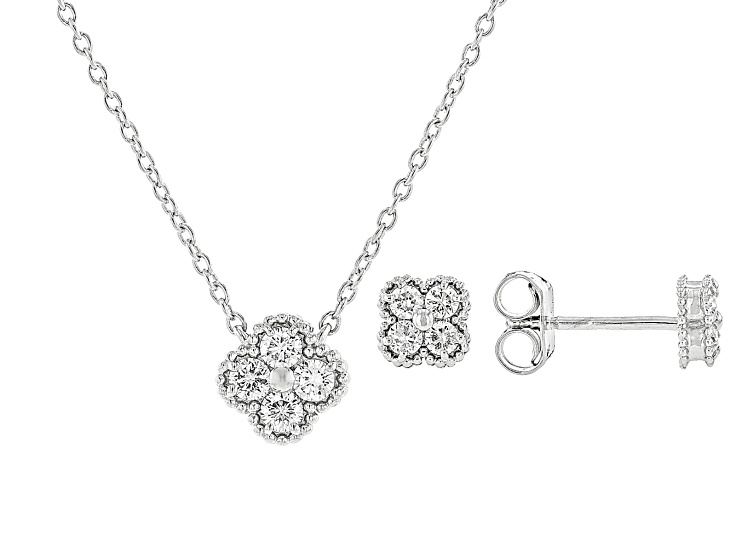 White Lab-Grown Diamond G-H VS Rhodium Over Sterling Silver Cluster Necklace And Earring Set 0.50ctw
