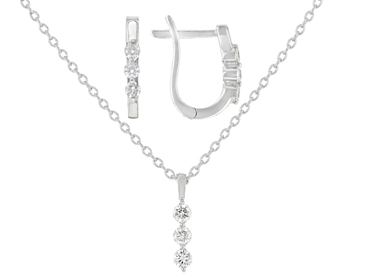 White Lab-Grown Diamond G-H VS Rhodium Over Sterling Silver 3-Stone Pendant And Earring Set 0.50ctw