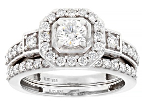 White Lab-Grown Diamond G-H SI Rhodium Over Sterling Silver Halo Ring With Matching Band 1.15ctw