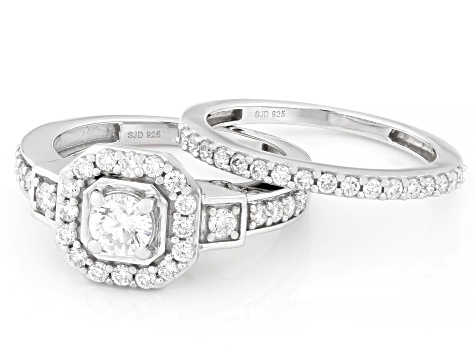 White Lab-Grown Diamond G-H SI Rhodium Over Sterling Silver Halo Ring With Matching Band 1.15ctw
