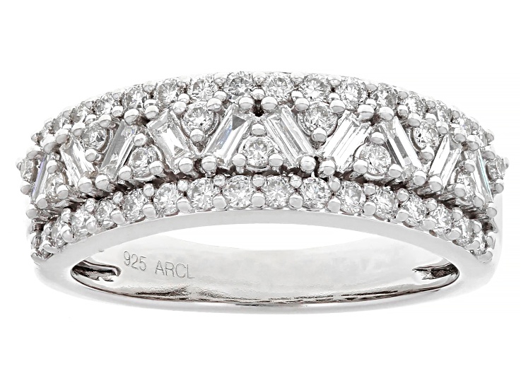 Baguette and Round White Lab-Grown Diamond F-G SI Rhodium Over Sterling Silver Band Ring 0.75ctw