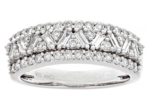 Baguette and Round White Lab-Grown Diamond F-G SI Rhodium Over Sterling Silver Band Ring 0.75ctw