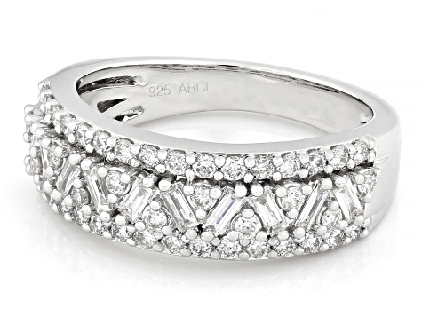 Baguette and Round White Lab-Grown Diamond F-G SI Rhodium Over Sterling Silver Band Ring 0.75ctw