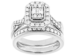 White Lab-Grown Diamond F-G SI Rhodium Over Sterling Silver Ring With Matching Band 0.75ctw