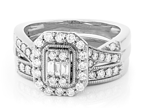 White Lab-Grown Diamond F-G SI Rhodium Over Sterling Silver Ring With Matching Band 0.75ctw
