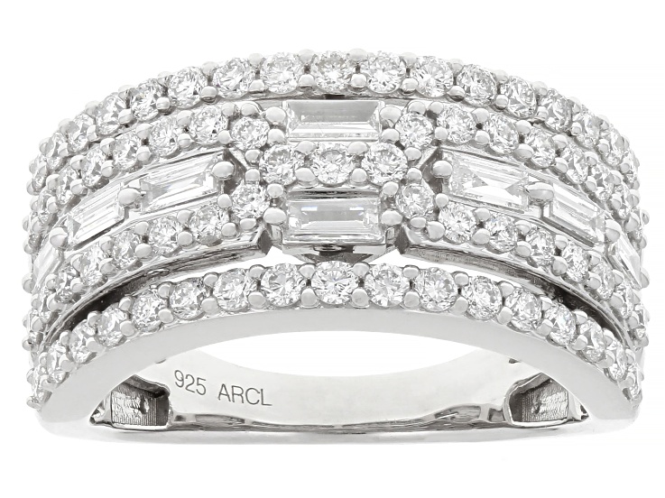 Round and Baguette White Lab-Grown Diamond F-G SI Rhodium Over Sterling Silver Ring 1.25ctw