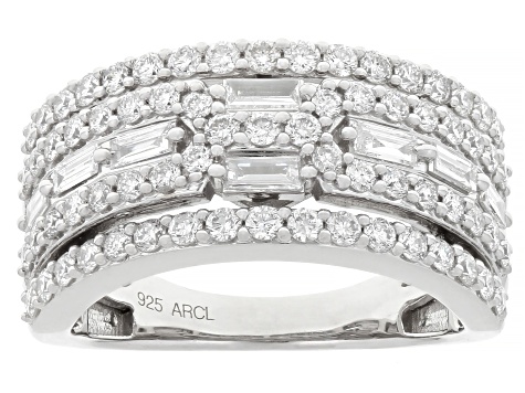 Round and Baguette White Lab-Grown Diamond F-G SI Rhodium Over Sterling Silver Ring 1.25ctw