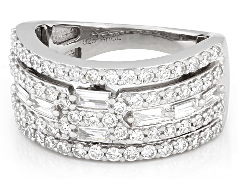Round and Baguette White Lab-Grown Diamond F-G SI Rhodium Over Sterling Silver Ring 1.25ctw
