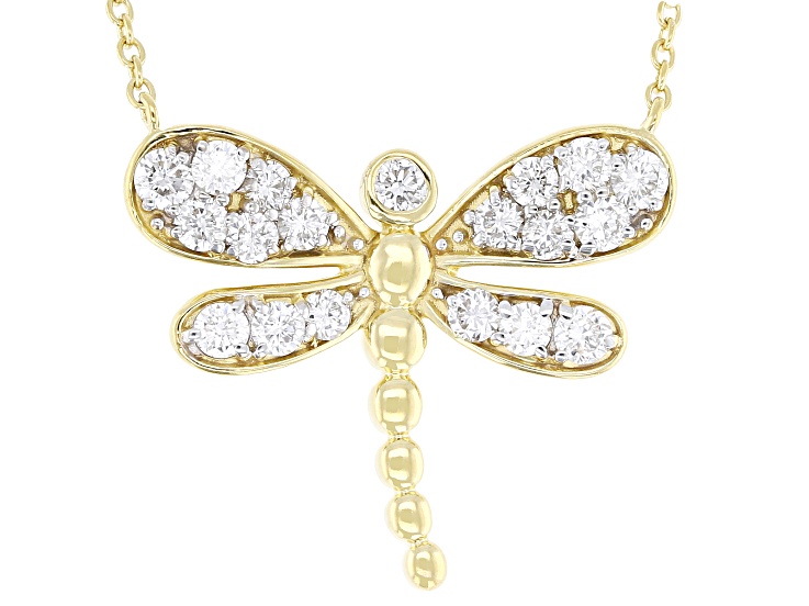 White Lab-Grown Diamond G-H VS 18K Yellow Gold Over Sterling Silver Dragonfly Necklace 0.75ctw