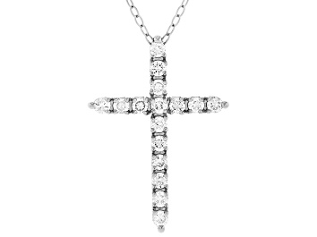 Picture of White Lab-Grown Diamond H SI Platinum Over Sterling Silver Cross Pendant With Chain 0.65ctw