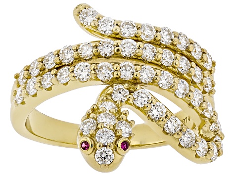 White Lab-Grown Diamond H SI 14K Yellow Gold Over Sterling Silver Snake Ring 1.20ctw