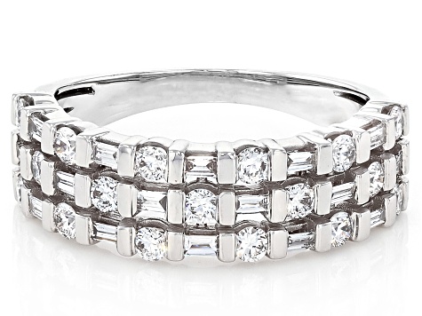 Round and Baguette White Lab-Grown Diamond G-H SI1 14K White Gold Multi-Row Ring 0.75ctw