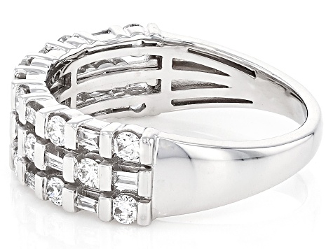 Round and Baguette White Lab-Grown Diamond G-H SI1 14K White Gold Multi-Row Ring 0.75ctw