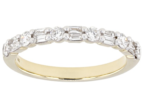 Round and Baguette White Lab-Grown Diamond H SI1 10K Yellow Gold Band Ring 0.50ctw