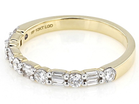 Round and Baguette White Lab-Grown Diamond H SI1 10K Yellow Gold Band Ring 0.50ctw
