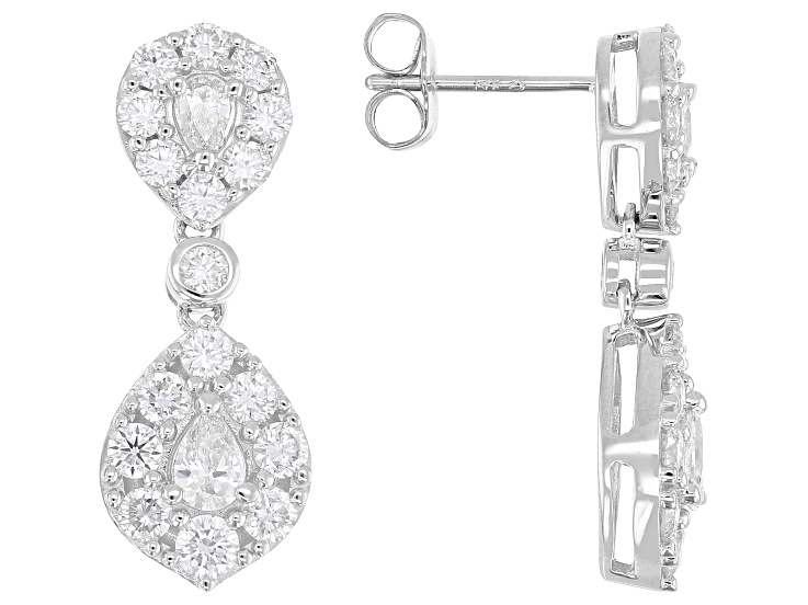 Pear Shape and Round White Lab-Grown Diamond G-H SI 14K White Gold Dangle Earrings 2.50ctw