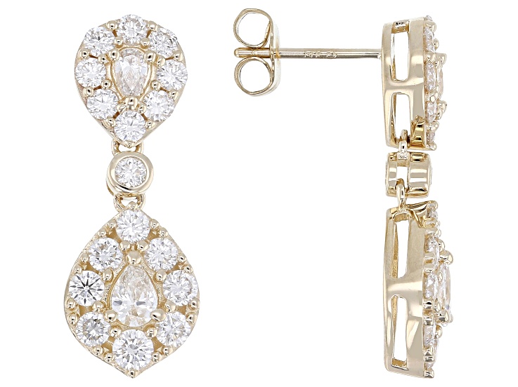 Pear Shape and Round White Lab-Grown Diamond G-H SI 14K Yellow Gold Dangle Earrings 2.50ctw